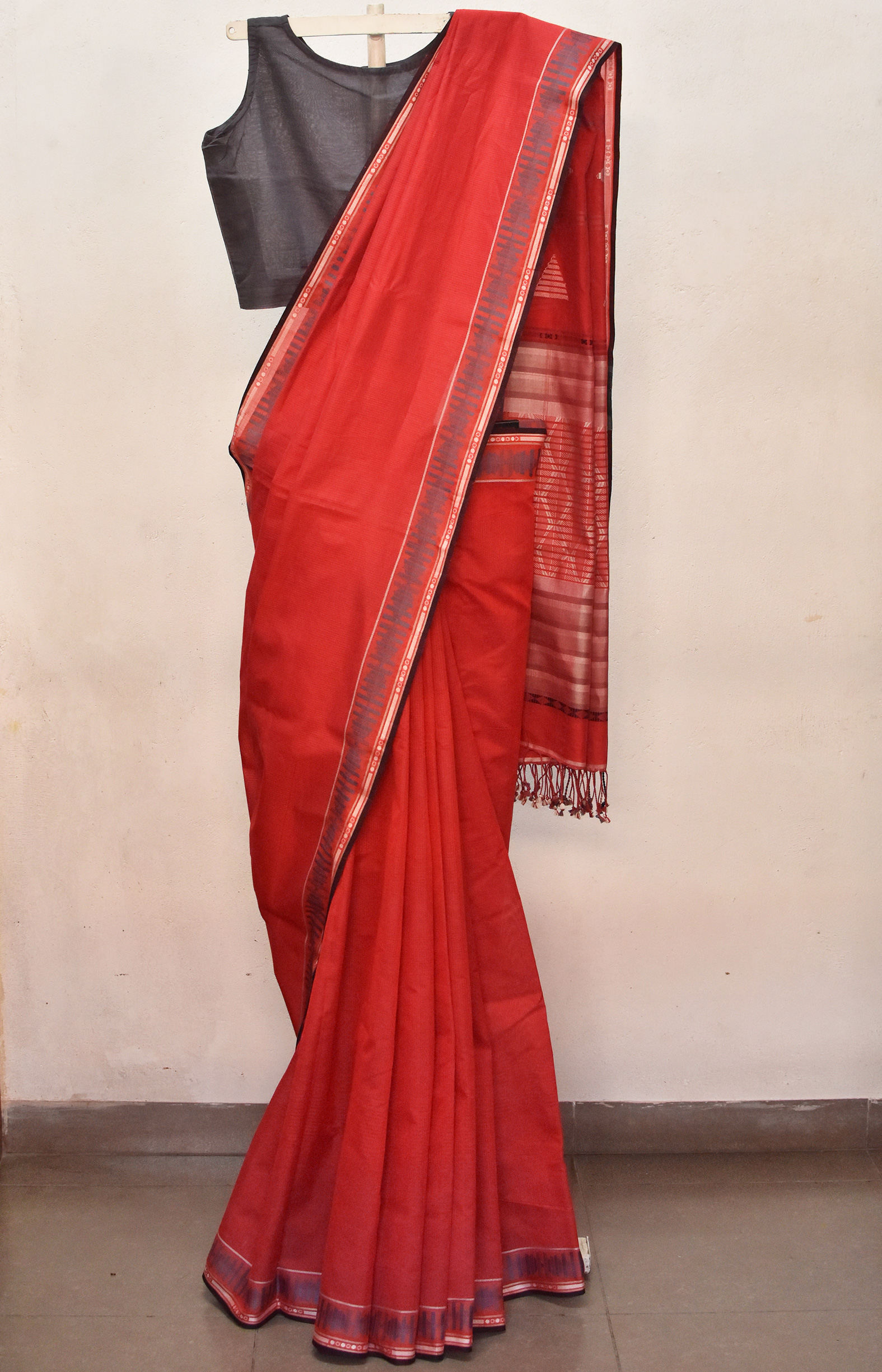  Red with beige, Handwoven Organic Cotton,Textured Weave , Jacquard, Work Wear Saree